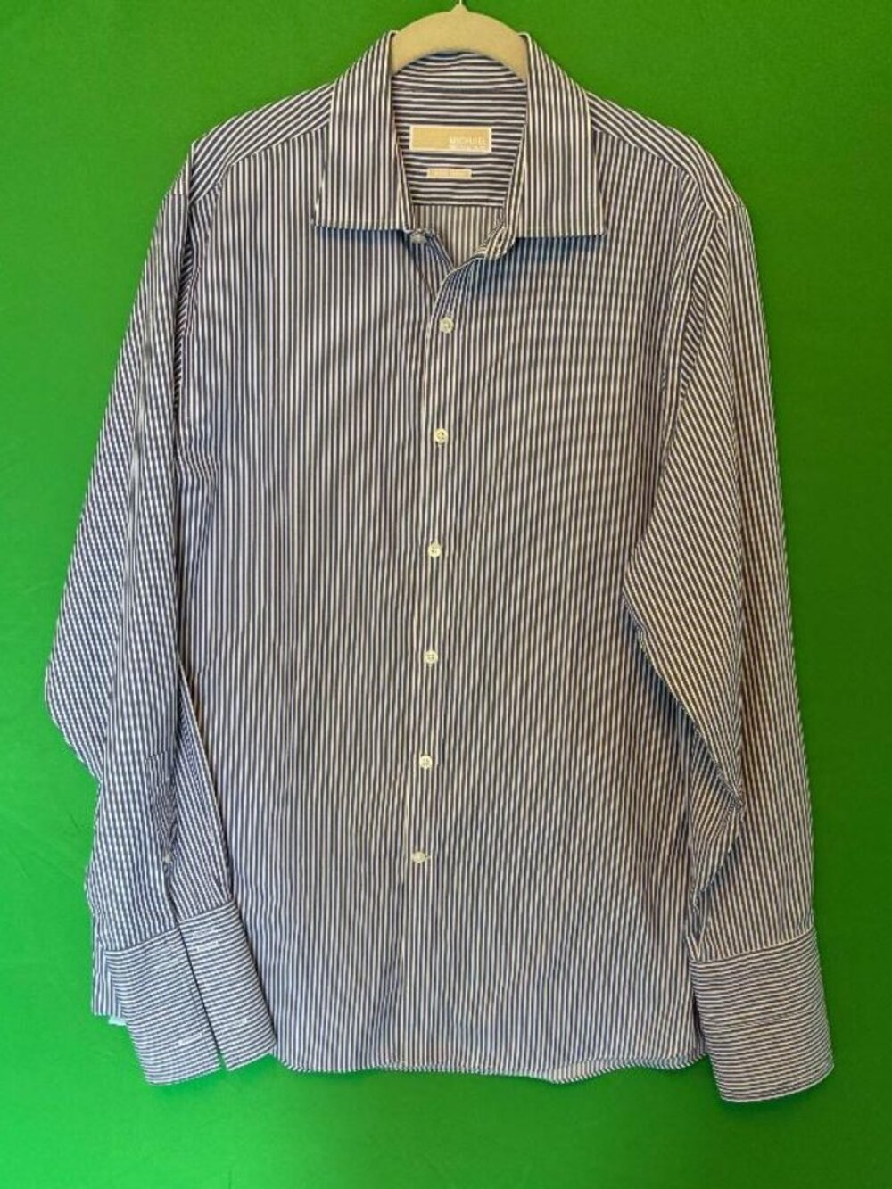 MICHAEL KORS Long Sleeve Pinstripe Blue White Brown Classic Business Shirt 16.5